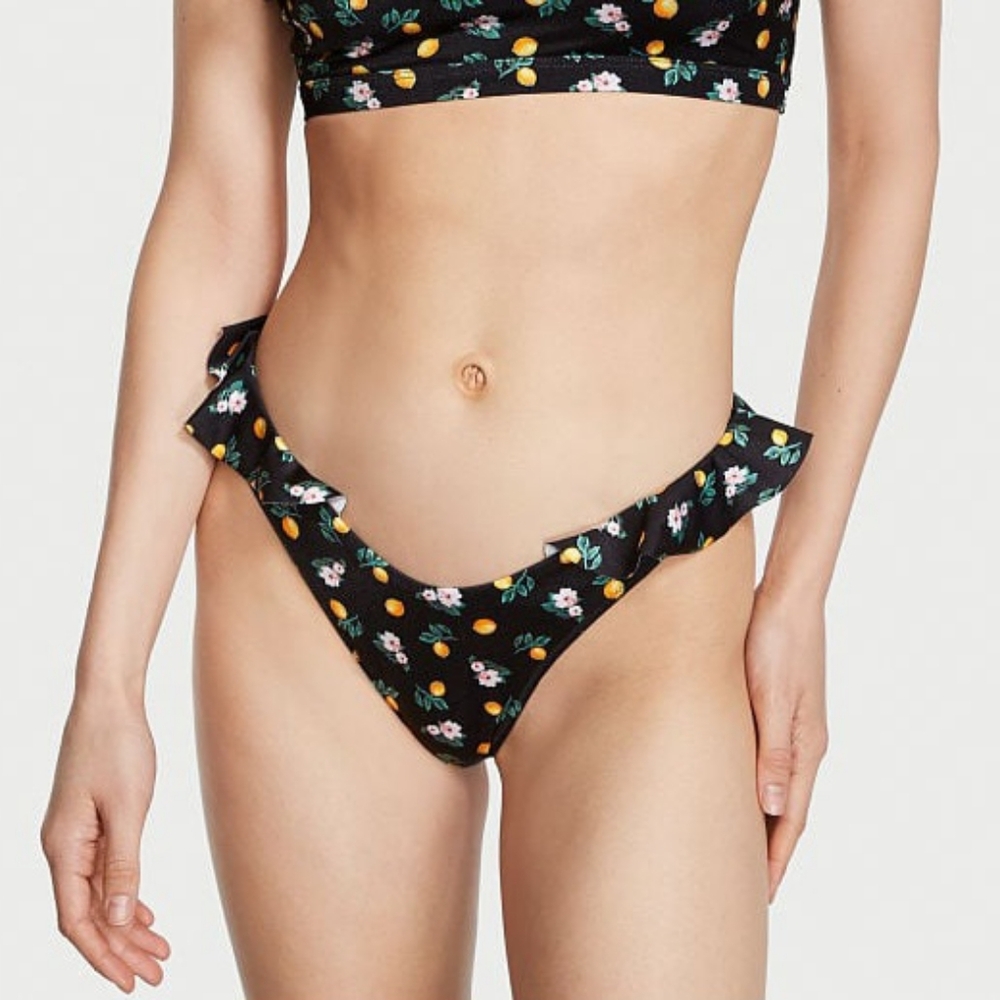 NWT! Victora's Secret Black w/ floral & Lemons Ruffle Brazilian Bikin- XS